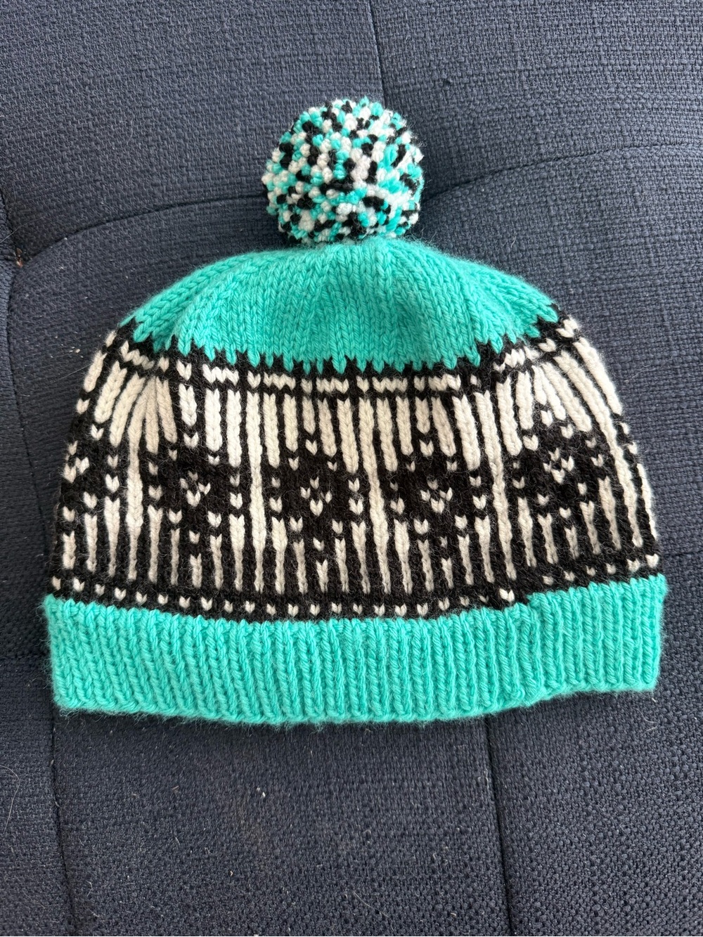 Hand knit stripey geometric beanie